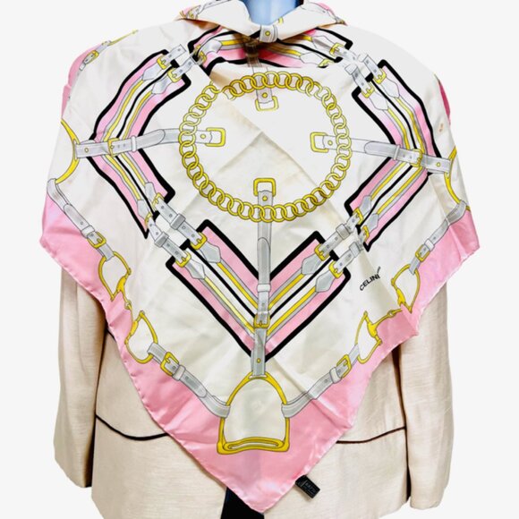 CELINE  PARIS Silk Satin Scarf  27"  Light pink white black  yellow  chain  (34 - Picture 1 of 9